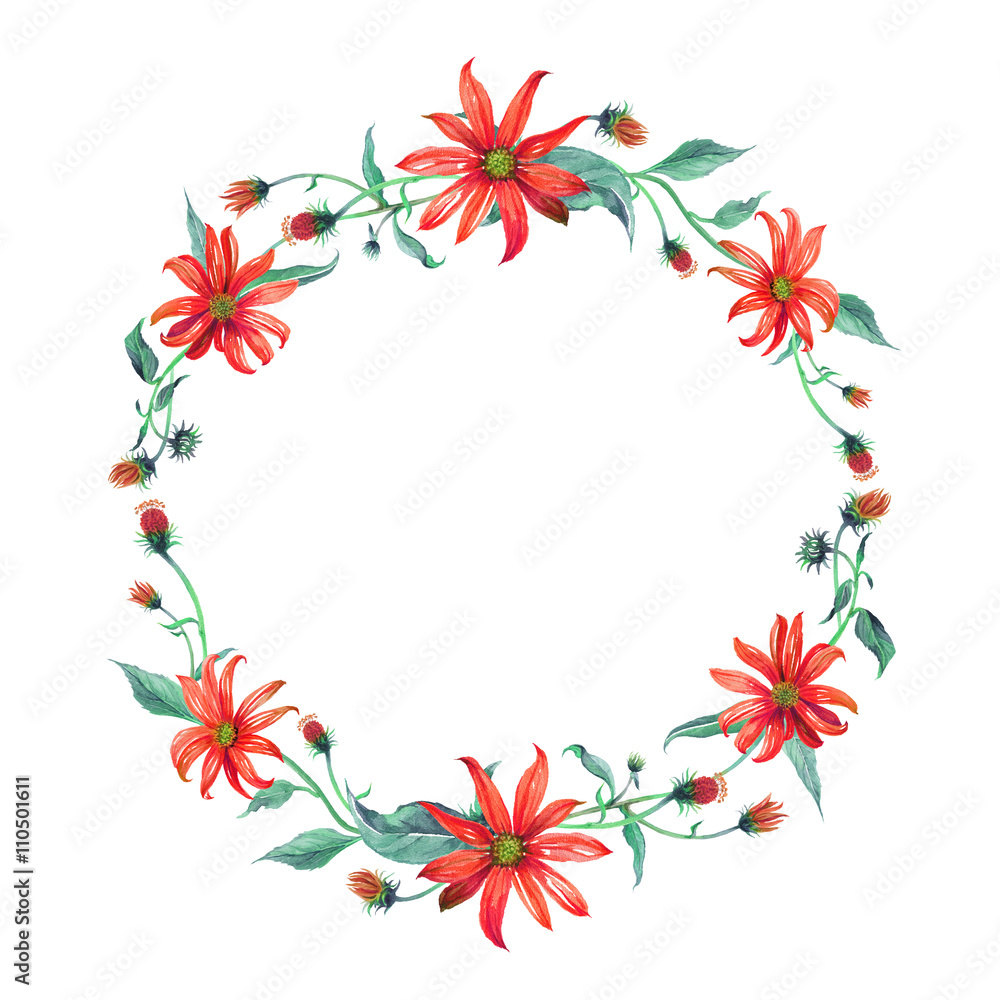 Obraz premium Watercolor wreath or garland. Yellow daisies with green leaves on white background. Can be used as invitation or greeting card, print, your banner.