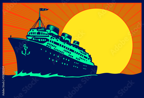 Vintage travel poster illustration transatlantic ocean liner cruise ship, retro traveling tourism vector