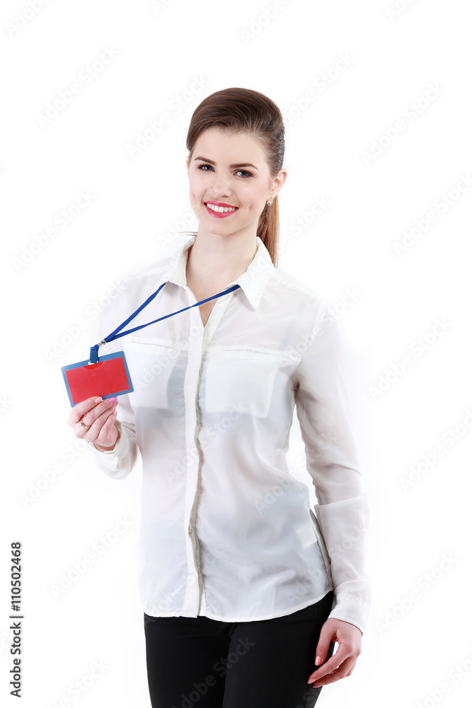 An image of young beautiful woman showing red card An image of young beautiful woman showing red card