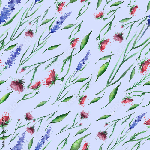 Vintage seamless pattern - wildflowers watercolor. Lavender, green leaves, floral, pink and purple flowers in watercolor 