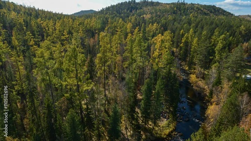 Aerial view the river on green forest photo