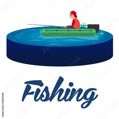 Fishing concept. Fishing on the boat, flat style. Fishing set.