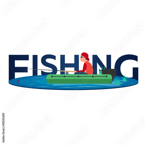 Fishing concept. Fishing on the boat, flat style. Fishing set.