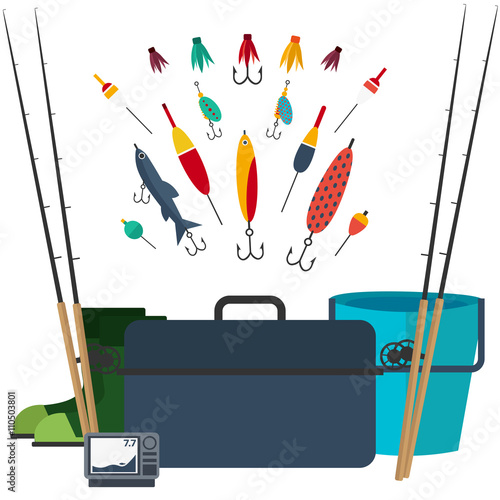 Fishing concept. Fishing on the boat, flat style. Fishing set.