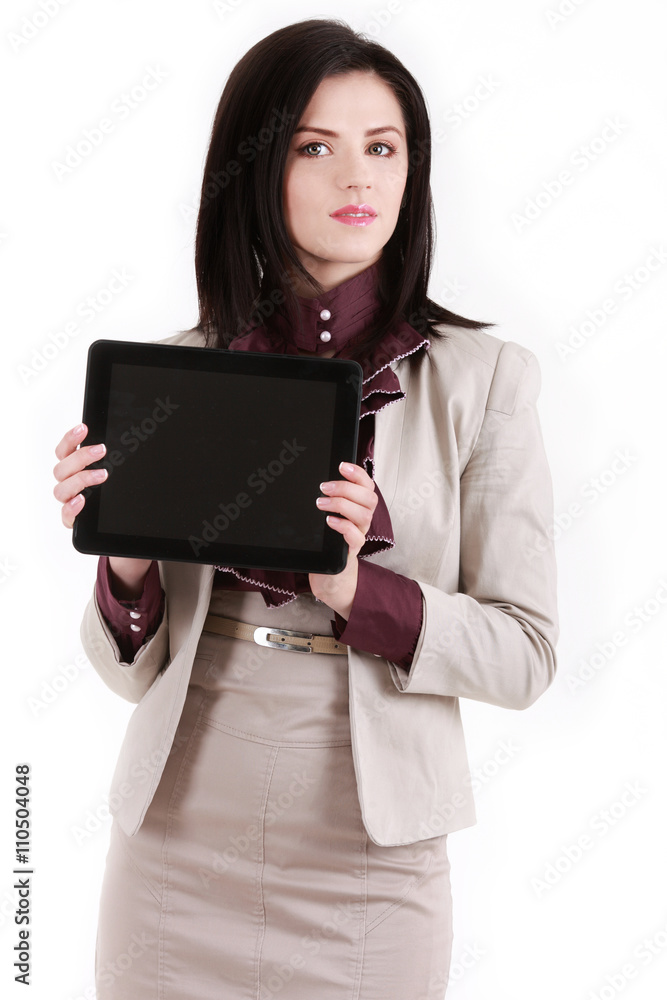 Brunette young woman with a tablet pc isolated on white Brunette young woman with a tablet pc isolated on white