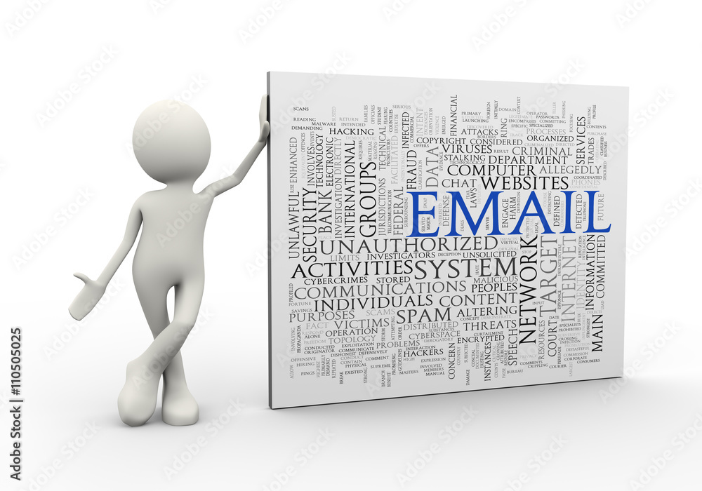 Fotografie 3d man standing with email wordcloud word tags