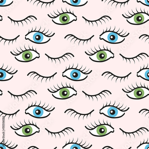 Abstract seamless pattern with open and closed eyes. Eyelashes background illustration.