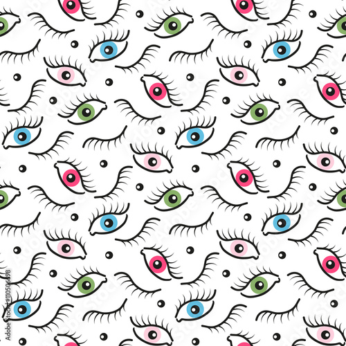 Abstract seamless pattern with open and closed eyes. Eyelashes background illustration.