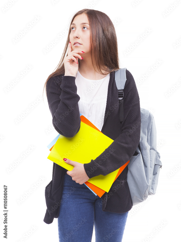 Young student girl with pondering gesture, isolated on white bac Young student girl with pondering gesture, isolated on white bac