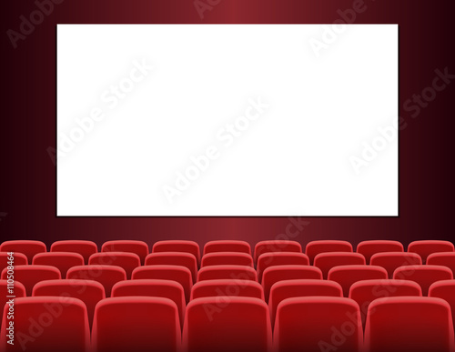 Rows of red seats in front of white blank screen