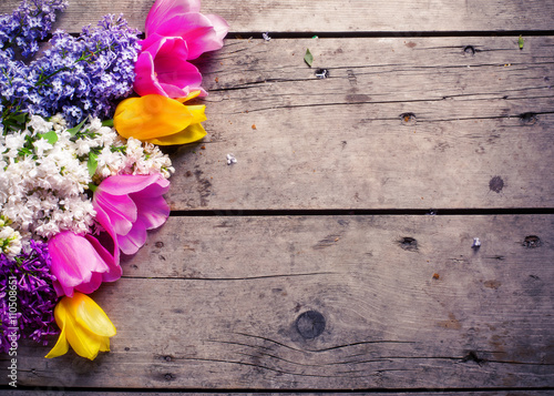 Fototapeta Naklejka Na Ścianę i Meble -  Background with fresh aromatic lilac  and pink and yellow  tulip