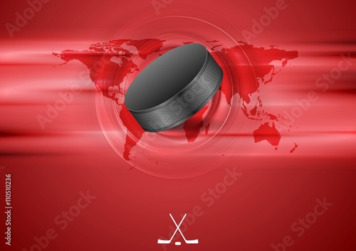 Red abstract hockey background with black puck