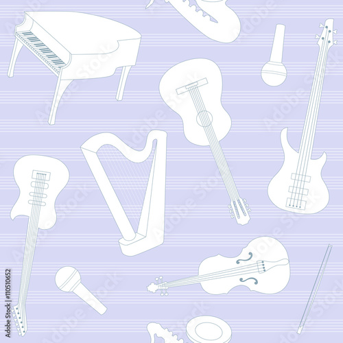 Seamless pattern with musical instruments and stripes