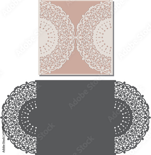 Laser Cut Invitation Card. Laser-cut pattern for invitation wedding card. Wedding invitation envelope template.