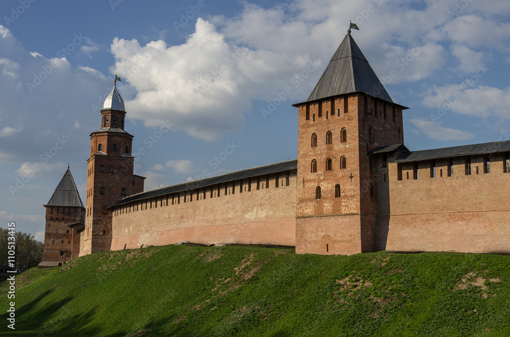 Walls, Kokui  and Princess tower of Kremlin. Veliky Novgorod, Russia