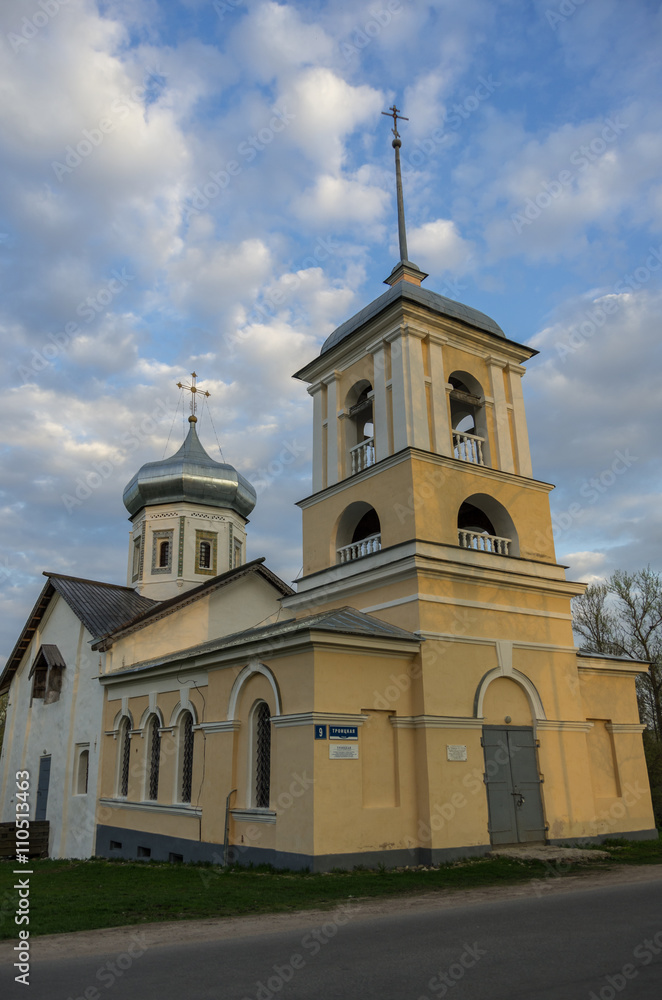 The ancient Trinity Church with the bell tower in Veliky Novgoro, Russia