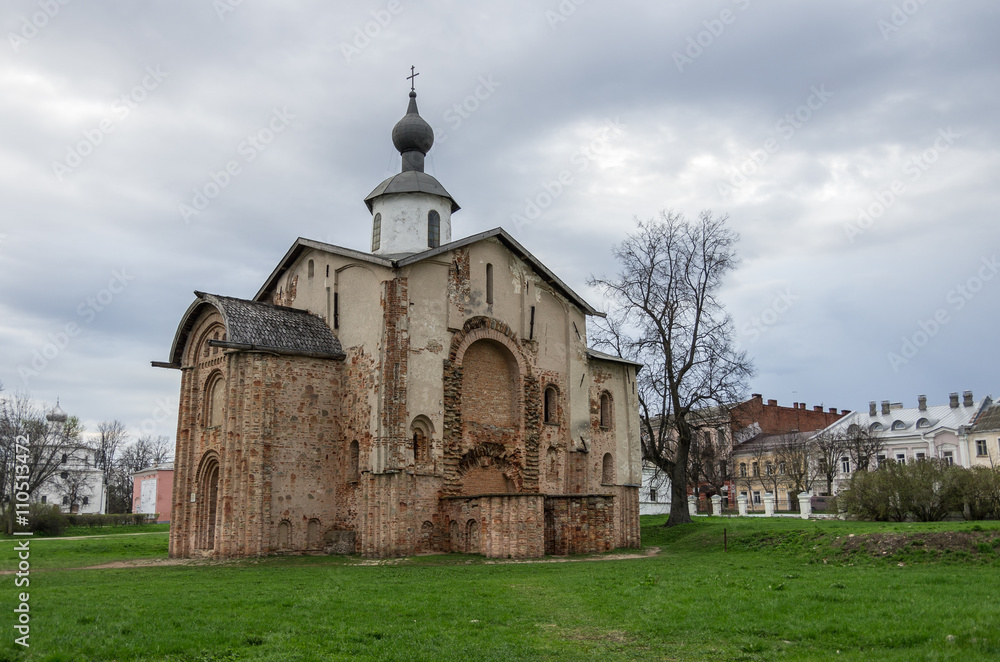 Brick Church Paraskeva was founded in 1207. Veliky Novgorod. Architectural tourist complex of Novgorod Yaroslav's Court. Russia