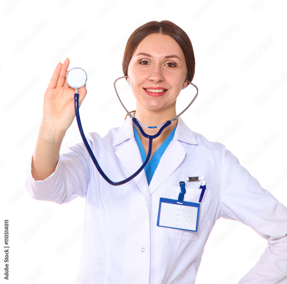 Happy smiling young beautiful female doctor showing blank area for sign or copyspace, isolated over white background Happy smiling young beautiful female doctor showing blank area for sign or copyspace, isolated over white background