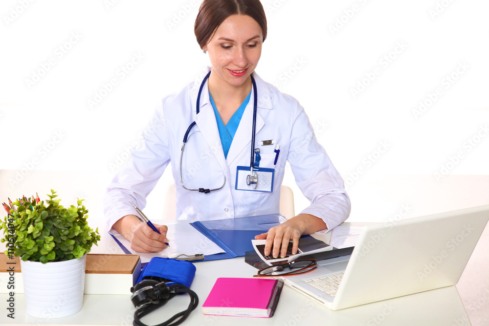 Happy smiling young beautiful female doctor showing blank area for sign or copyspace, isolated over white background Happy smiling young beautiful female doctor showing blank area for sign or copyspace, isolated over white background