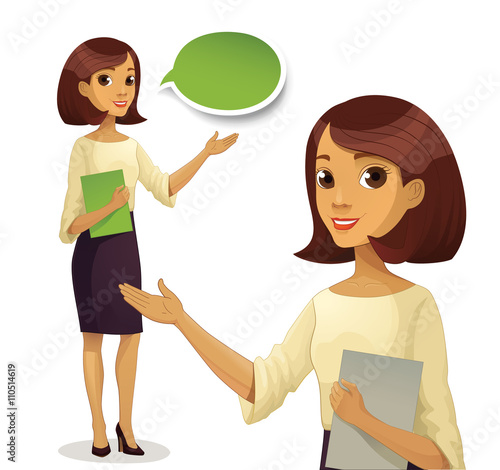 Career business work in office. Young woman in formal wear hold case with files documents paperwork. Guide character illustration. Business woman. Woman assistant. Vector. Isolated. 