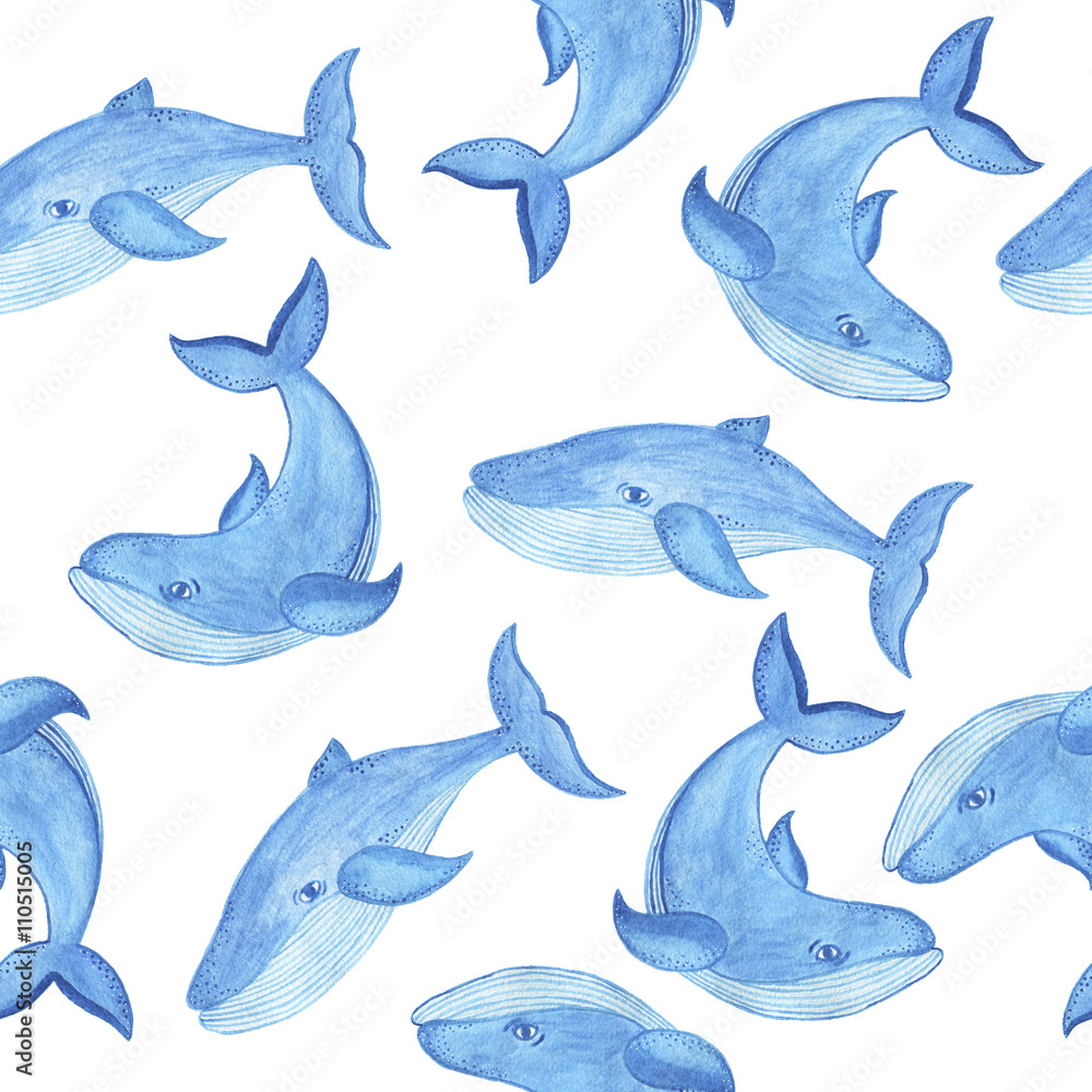 Fototapeta premium Watercolor seamless pattern with blue whale, cartoon style