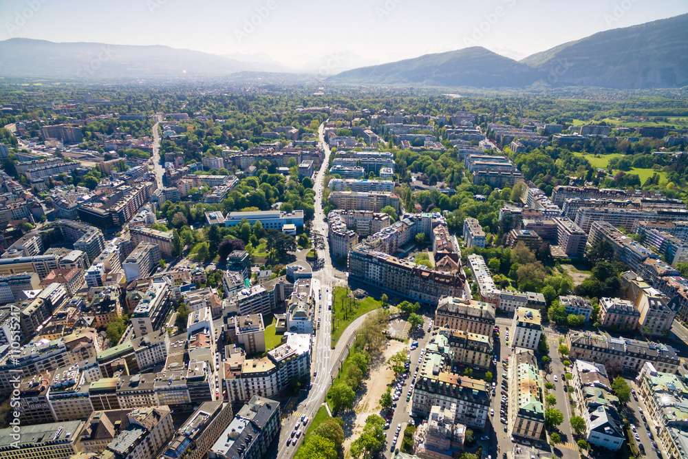 Aerial view of  Geneva city old town in Switzerland