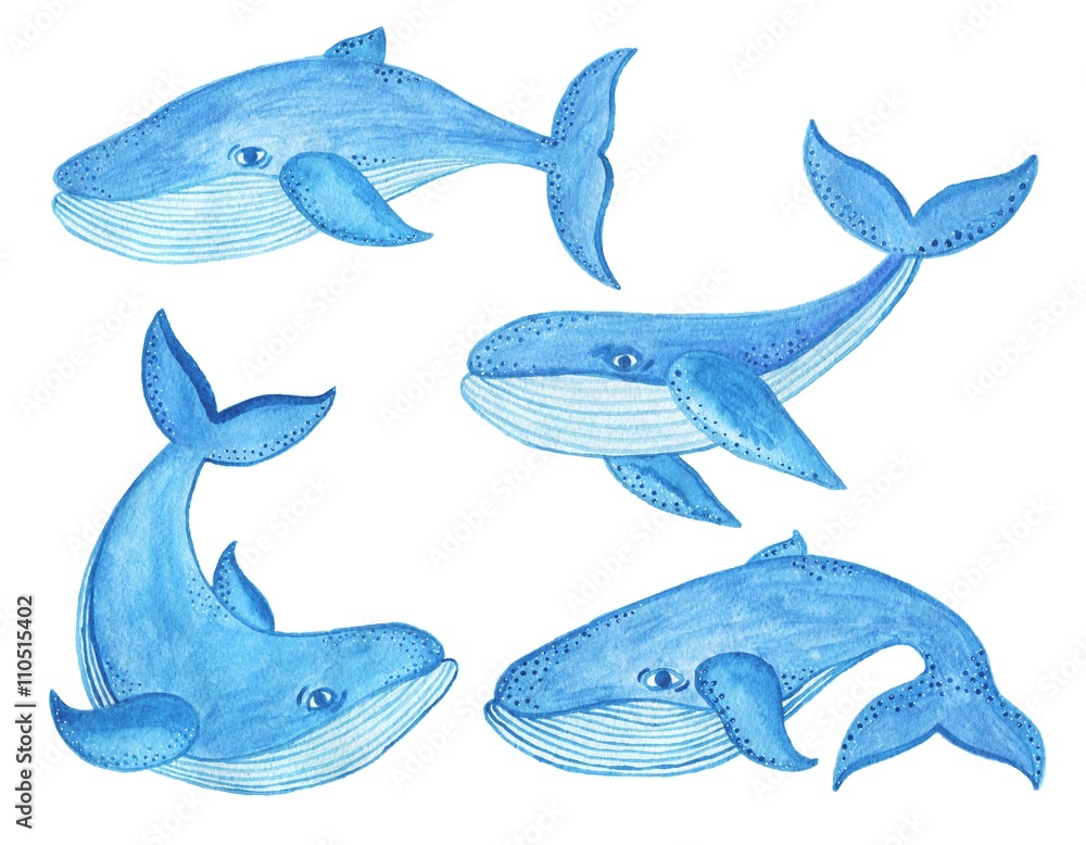 Fototapeta premium Watercolor seamless pattern with blue whale, cartoon style