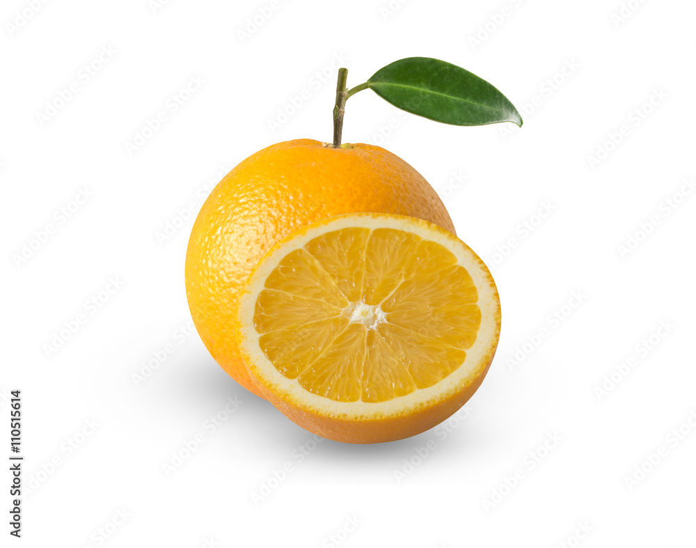 sliced orange fruit with leaves isolated on white background sliced orange fruit with leaves isolated on white background