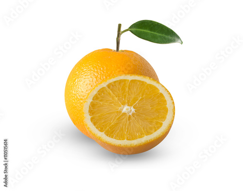 sliced orange fruit with leaves isolated on white background