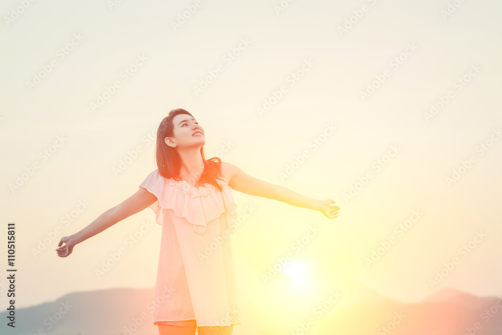Beauty Girl Outdoors enjoying nature. wake up in the morning wit Beauty Girl Outdoors enjoying nature. wake up in the morning wit