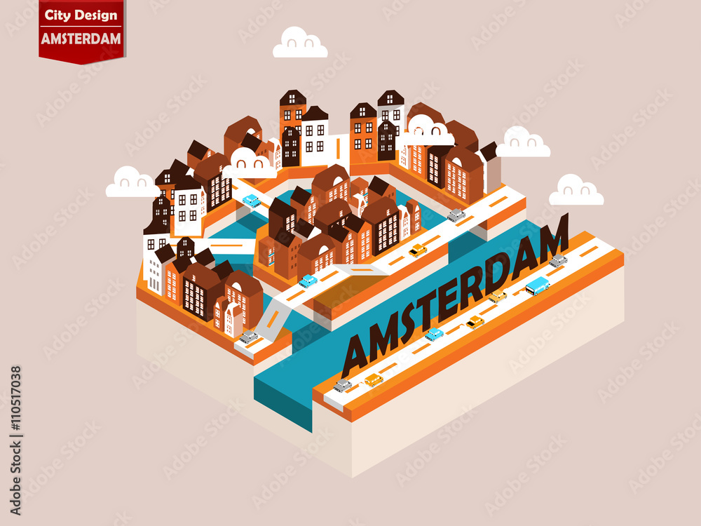 Fototapeta premium piękny izometryczny styl koncepcji projektu izometrycznego miasta Amsterdam, Holandia, punkt orientacyjny Amsterdamu