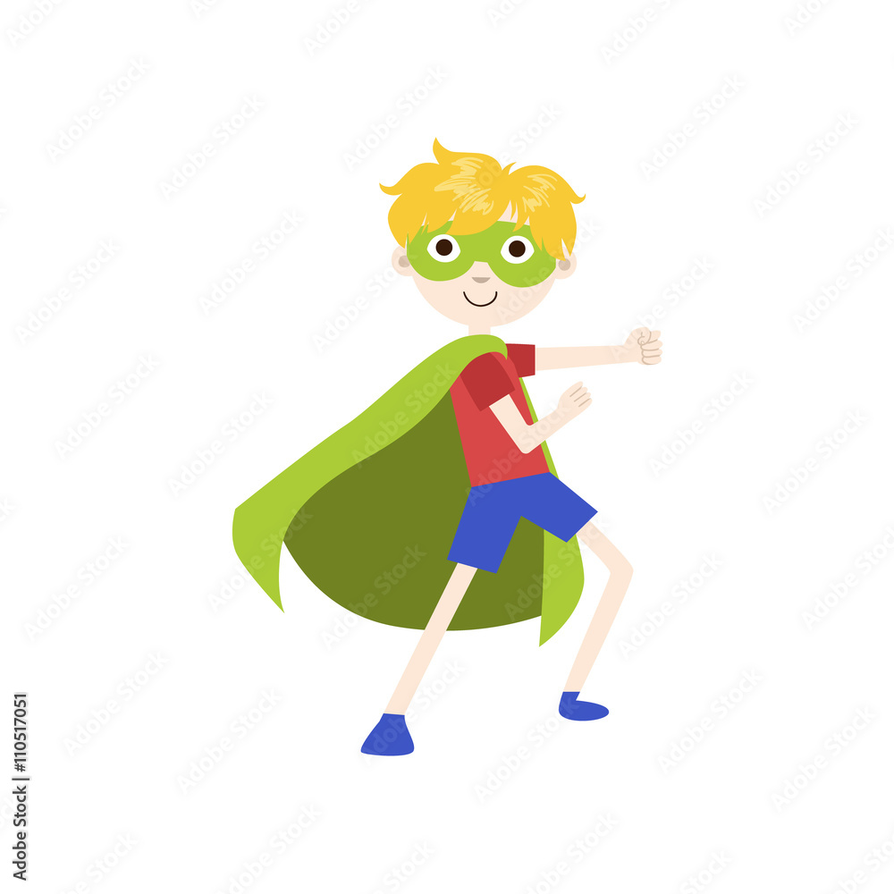Boy In Superhero Costume With Green Cape Boy In Superhero Costume With Green Cape