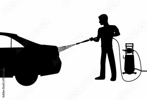 Silhouette of Man washing a car with high pressure washer. Spraying water from the hose. Vector black and white illustration of car wash.   photo