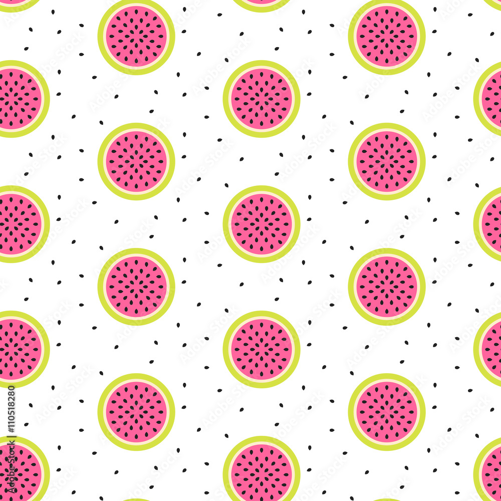 Watermelon half slices seamless pink pattern on white with seeds. Juicy summer fruit pattern. Watermelon half slices seamless pink pattern on white with seeds. Juicy summer fruit pattern.