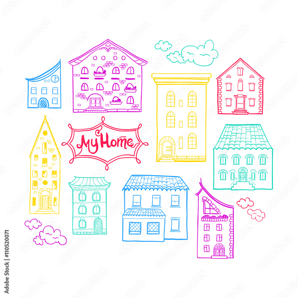 Collection of doodled houses, hand drawn sketch houses, cute doodle background with place for text, lettering My Home, EPS 8
