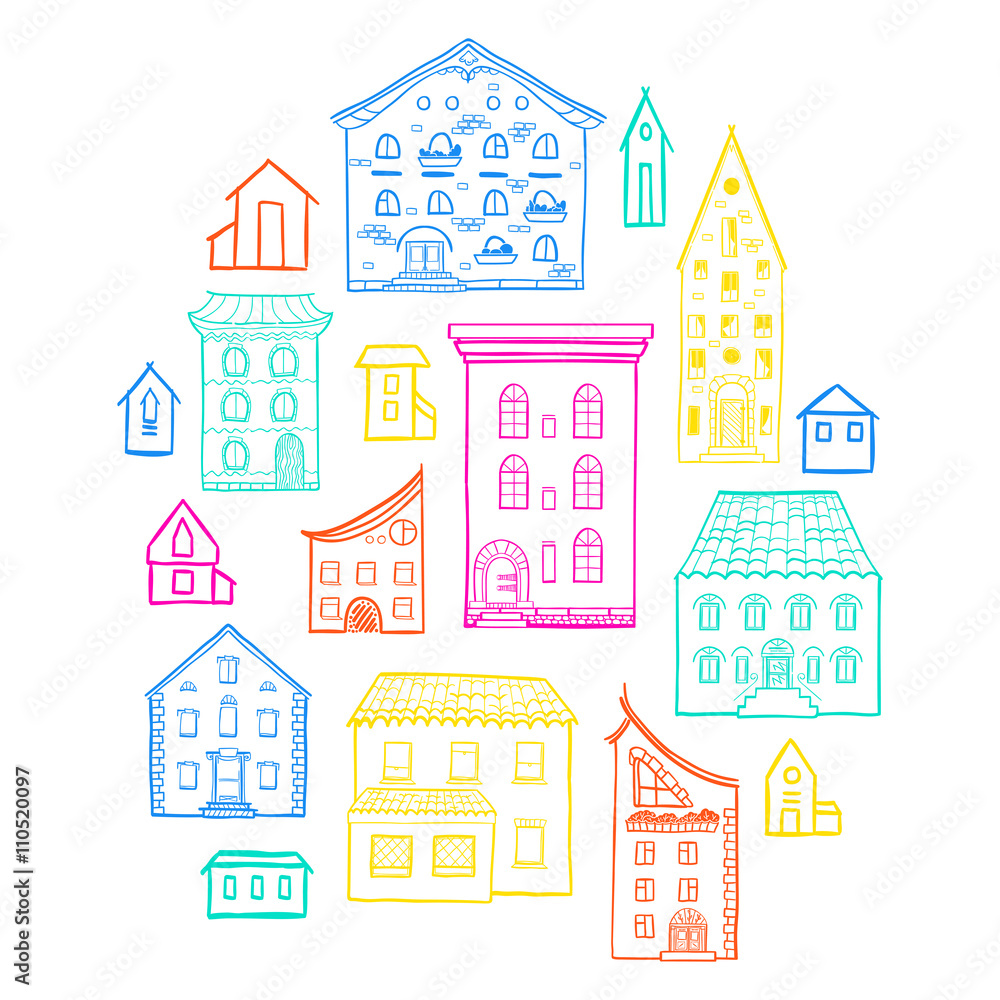 Set of doodle houses, hand-drawn sketch house, cute colorful background, EPS 8