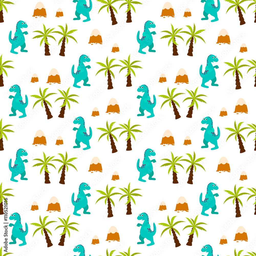 Dinosaur kid seamless vector pattern for textile print. Green and blue happy cartoon dino reptile with jungle trees on white. Baby fabric pattern.