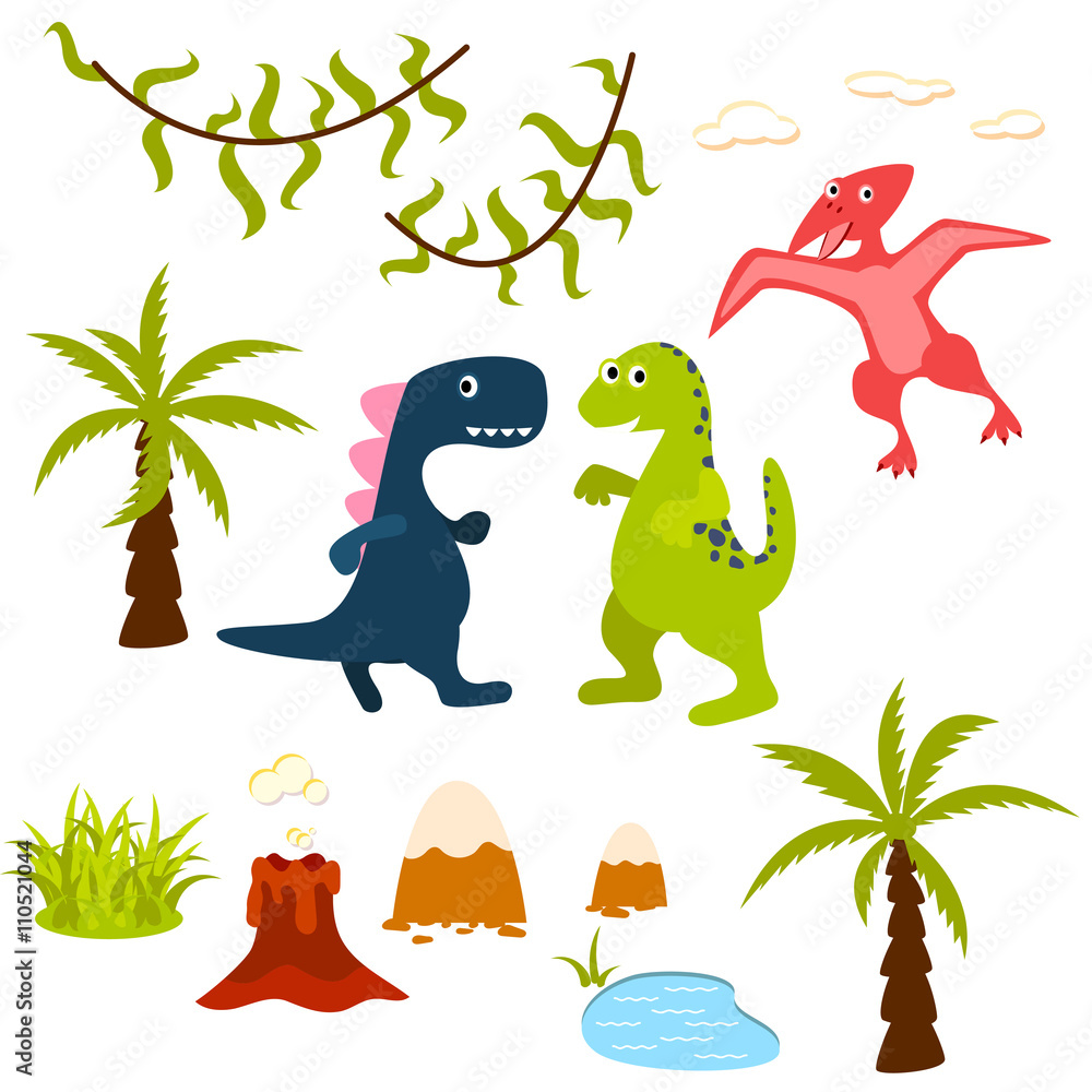 Fototapeta premium Dinosaur and jungle tree clipart set. Pterodactyl, t-rex, brontosaurus, palm, lake, liana and volcano. Dino clip-art for kids.