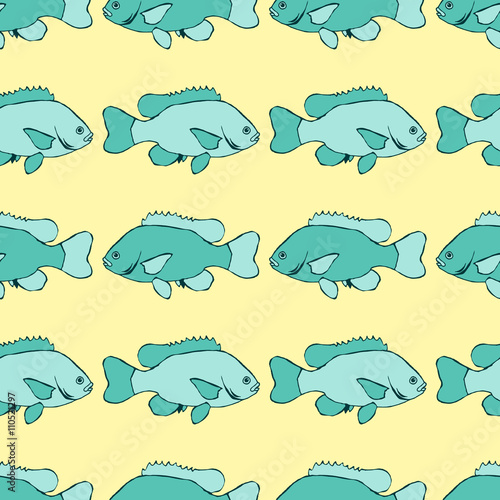 Vector seamless hand-drawn pattern. Marine theme. Sea fish.