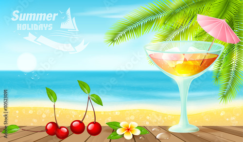 Summer cocktails on sea beach.Summer holiday vacation travel background.