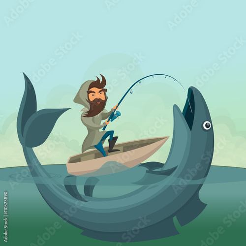 Fisherman on boat catch giant fish