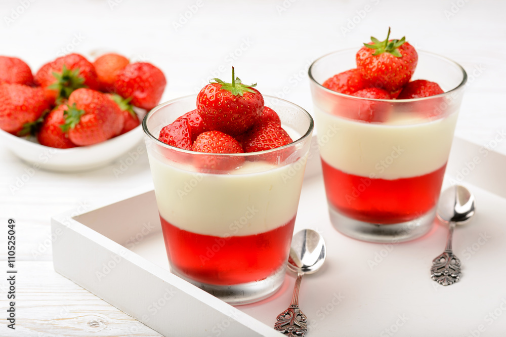 Layered strawberry dessert - panna cotta with strawberry jelly and strawberries. Layered strawberry dessert - panna cotta with strawberry jelly and strawberries.