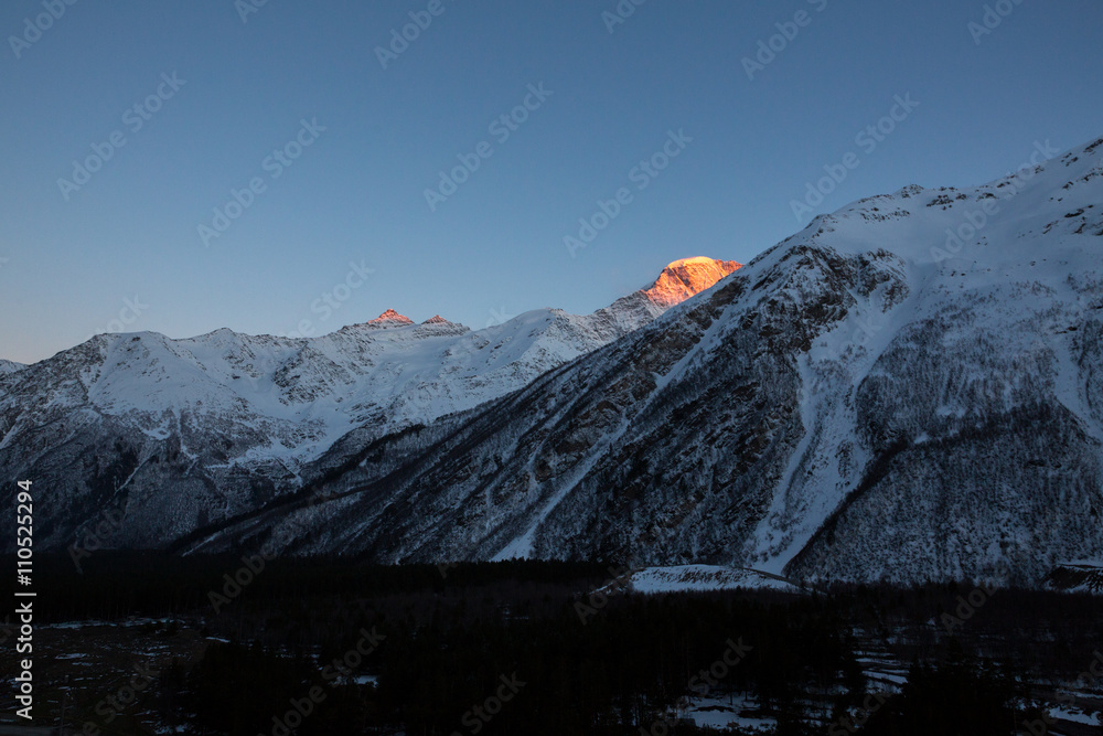 Sunset in the mountains. Main Caucasian ridge.