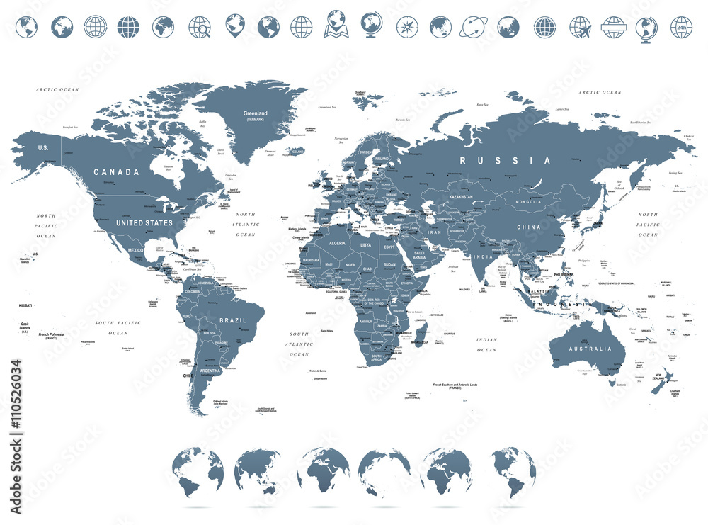 Obraz premium Grayscale World Map and Globe Icons - illustrationHighly detailed vector illustration of world map.