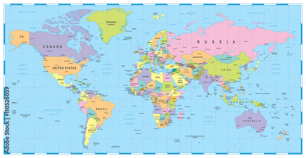 Photo Colored World Map - borders, countries and cities - illustration,  Highly detailed colored vector illustration of world map