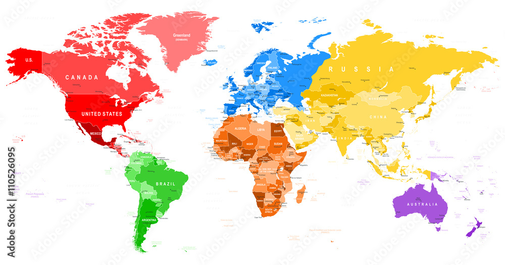 Naklejka premium Colored World Map - borders, countries and cities - illustrationHighly detailed colored vector illustration of world map. 