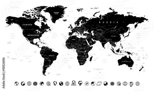 Fotografija Black World Map and Globe Icons - illustration


Highly detailed black vector illustration of world map