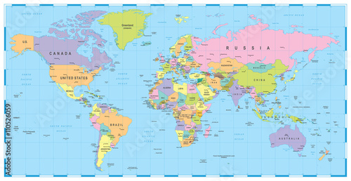 Fototapeta Kolorowa mapa świata - granice, kraje i miasta - ilustracja Bardzo szczegółowe kolorowych ilustracji wektorowych mapy świata