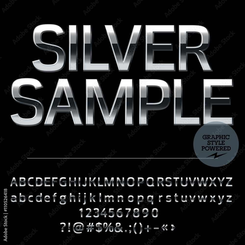 Vector set of elite silver alphabet letters, numbers and punctuation symbols. Compact bold style