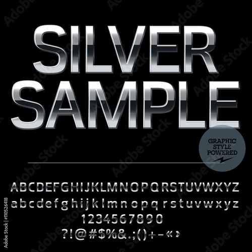 Vector set of elite silver alphabet letters, numbers and punctuation symbols. Compact bold style